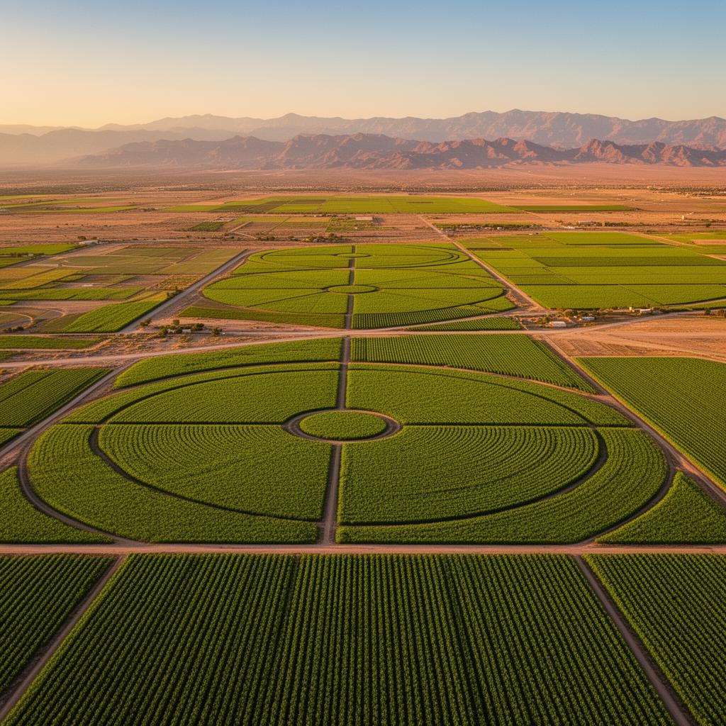 Vista aérea de valles agrícolas con cultivos circulares en el noroeste de México