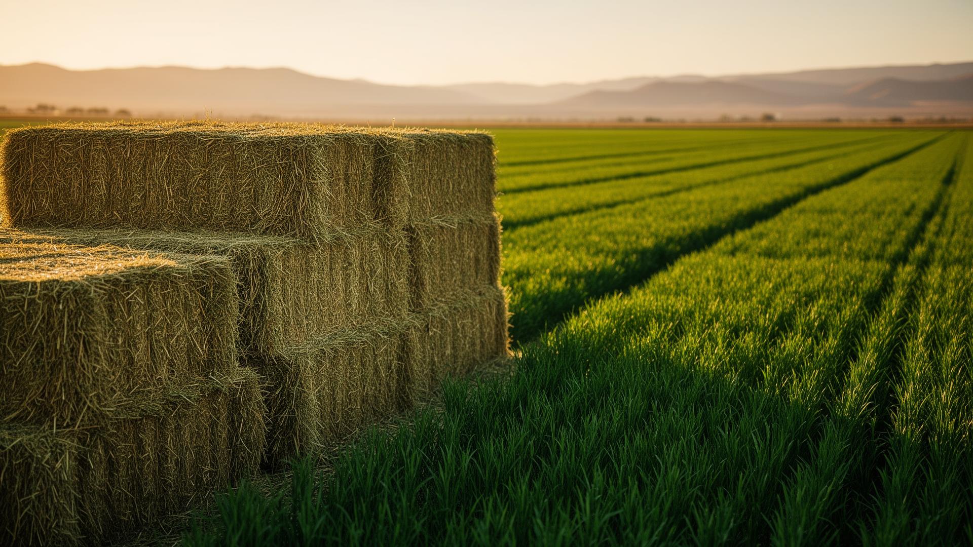 Pacas de alfalfa premium almacenadas en granero